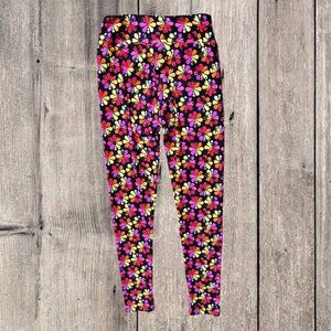 LuLaRoe Black Floral Leggings Pants with Red Orange Yellow Purple Flowers Womens